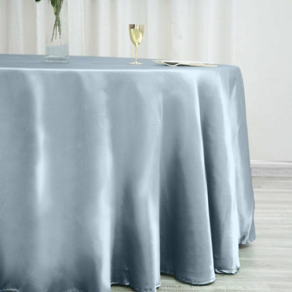 Satin |  120″ Dusty Blue Seamless Satin Round Tablecloth for 5 Foot Table With Floor-Length Drop