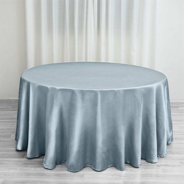 Satin |  120″ Dusty Blue Seamless Satin Round Tablecloth for 5 Foot Table With Floor-Length Drop