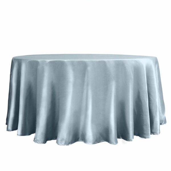 Satin |  120″ Dusty Blue Seamless Satin Round Tablecloth for 5 Foot Table With Floor-Length Drop