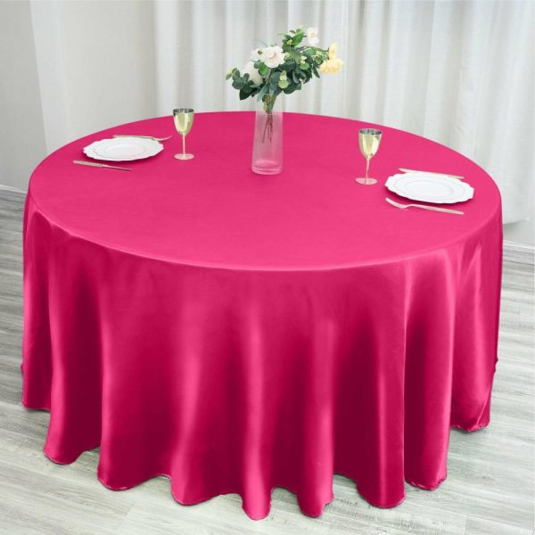 Satin |  120″ Fuchsia Seamless Satin Round Tablecloth for 5 Foot Table With Floor-Length Drop