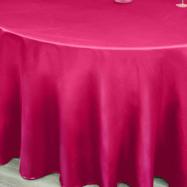 Satin |  120″ Fuchsia Seamless Satin Round Tablecloth for 5 Foot Table With Floor-Length Drop