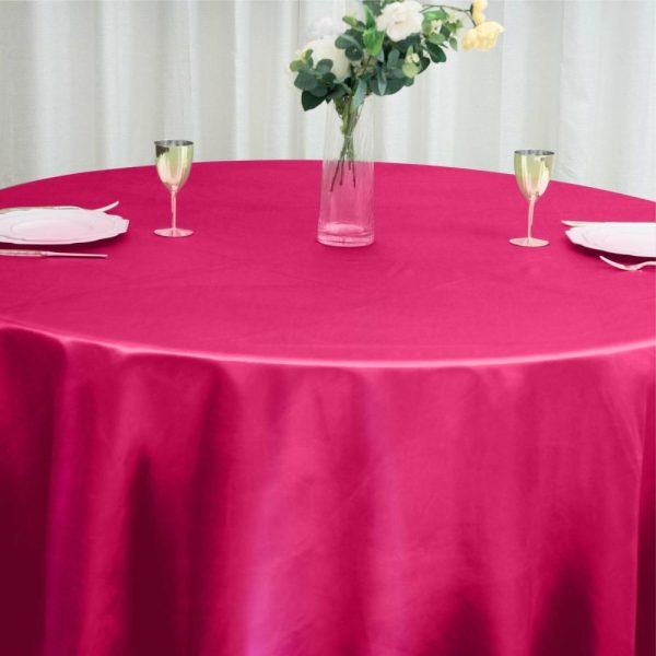 Satin |  120″ Fuchsia Seamless Satin Round Tablecloth for 5 Foot Table With Floor-Length Drop