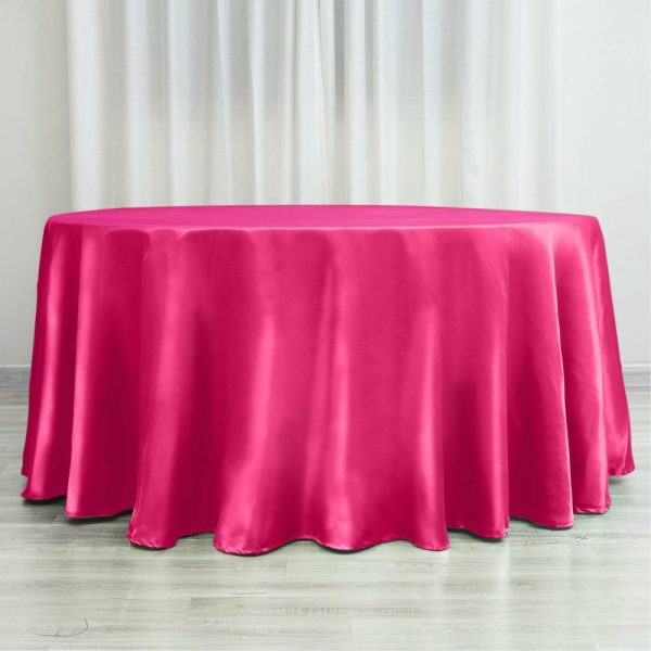 Satin |  120″ Fuchsia Seamless Satin Round Tablecloth for 5 Foot Table With Floor-Length Drop