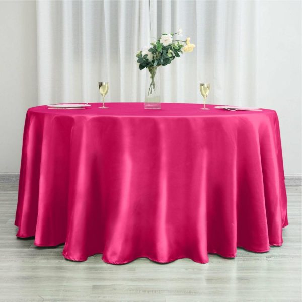 Satin |  120″ Fuchsia Seamless Satin Round Tablecloth for 5 Foot Table With Floor-Length Drop