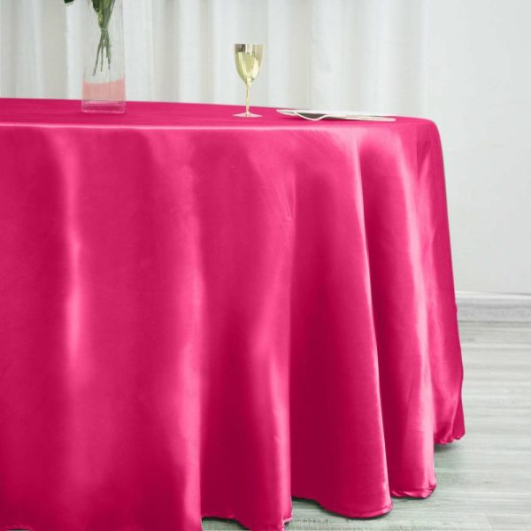 Satin |  120″ Fuchsia Seamless Satin Round Tablecloth for 5 Foot Table With Floor-Length Drop