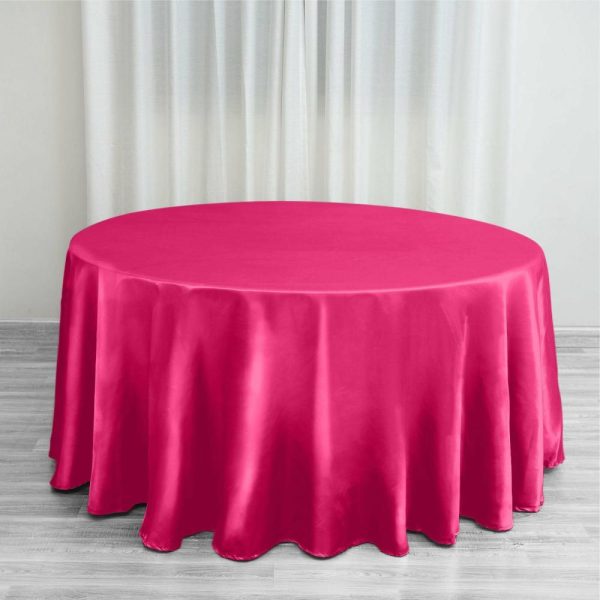 Satin |  120″ Fuchsia Seamless Satin Round Tablecloth for 5 Foot Table With Floor-Length Drop