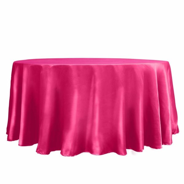 Satin |  120″ Fuchsia Seamless Satin Round Tablecloth for 5 Foot Table With Floor-Length Drop