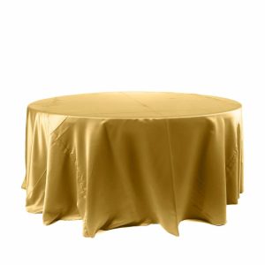 Satin |  120″ Gold Seamless Satin Round Tablecloth for 5 Foot Table With Floor-Length Drop