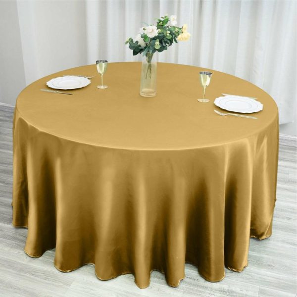 Satin |  120″ Gold Seamless Satin Round Tablecloth for 5 Foot Table With Floor-Length Drop