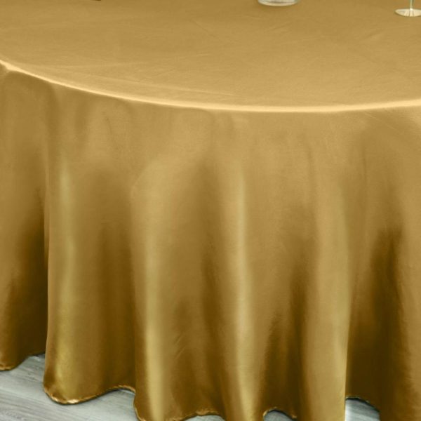 Satin |  120″ Gold Seamless Satin Round Tablecloth for 5 Foot Table With Floor-Length Drop