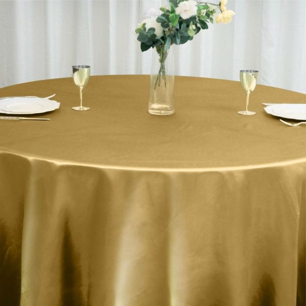 Satin |  120″ Gold Seamless Satin Round Tablecloth for 5 Foot Table With Floor-Length Drop