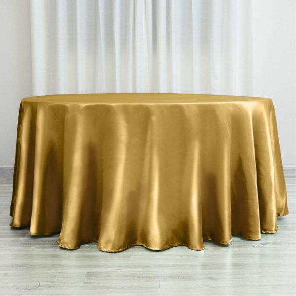 Satin |  120″ Gold Seamless Satin Round Tablecloth for 5 Foot Table With Floor-Length Drop