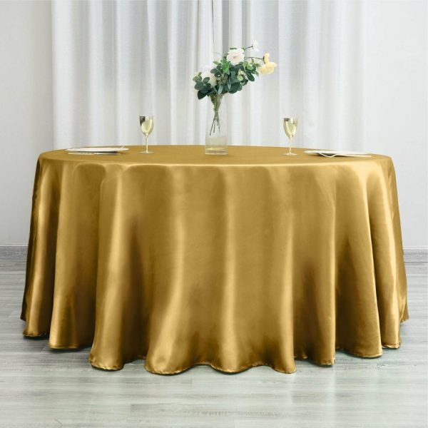 Satin |  120″ Gold Seamless Satin Round Tablecloth for 5 Foot Table With Floor-Length Drop