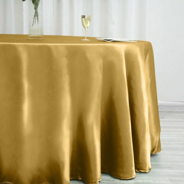 Satin |  120″ Gold Seamless Satin Round Tablecloth for 5 Foot Table With Floor-Length Drop