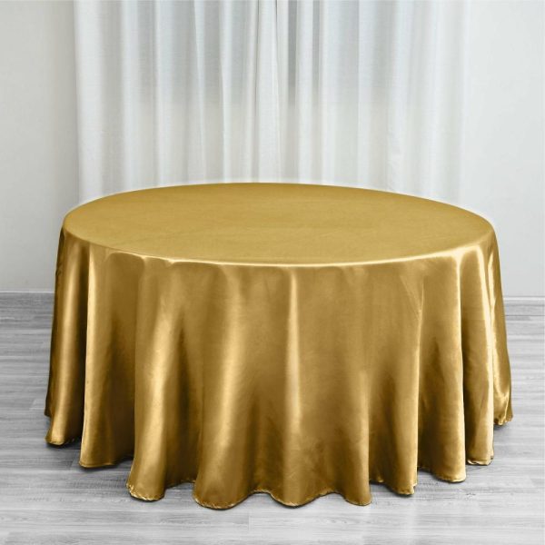 Satin |  120″ Gold Seamless Satin Round Tablecloth for 5 Foot Table With Floor-Length Drop