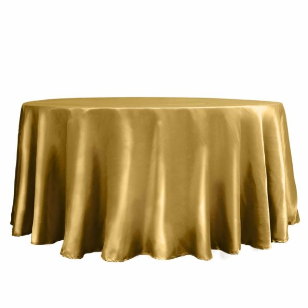 Satin |  120″ Gold Seamless Satin Round Tablecloth for 5 Foot Table With Floor-Length Drop