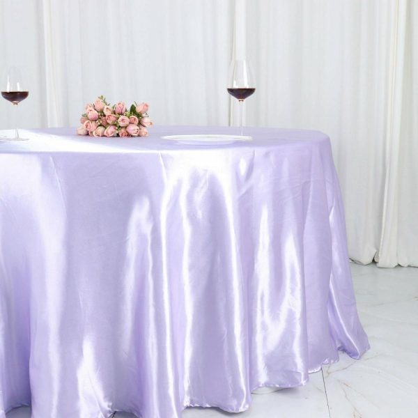 Satin |  120″ Lavender Lilac Seamless Satin Round Tablecloth for 5 Foot Table With Floor-Length Drop