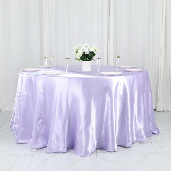 Satin |  120″ Lavender Lilac Seamless Satin Round Tablecloth for 5 Foot Table With Floor-Length Drop