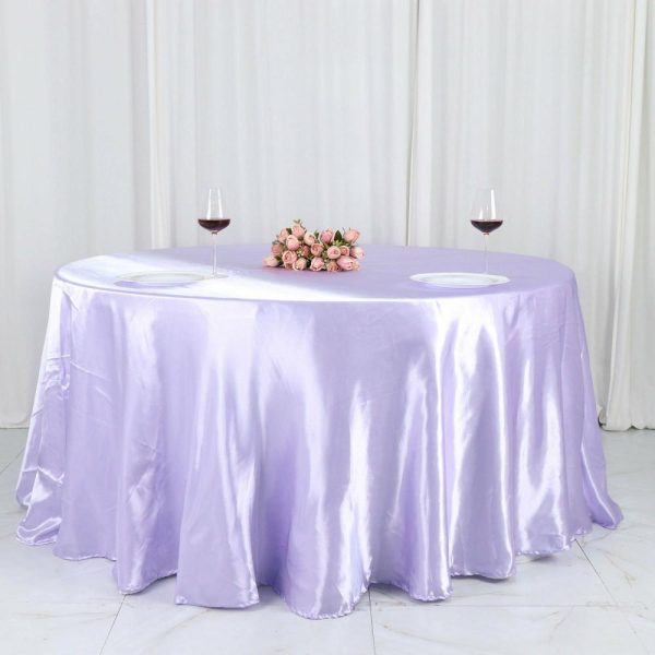 Satin |  120″ Lavender Lilac Seamless Satin Round Tablecloth for 5 Foot Table With Floor-Length Drop