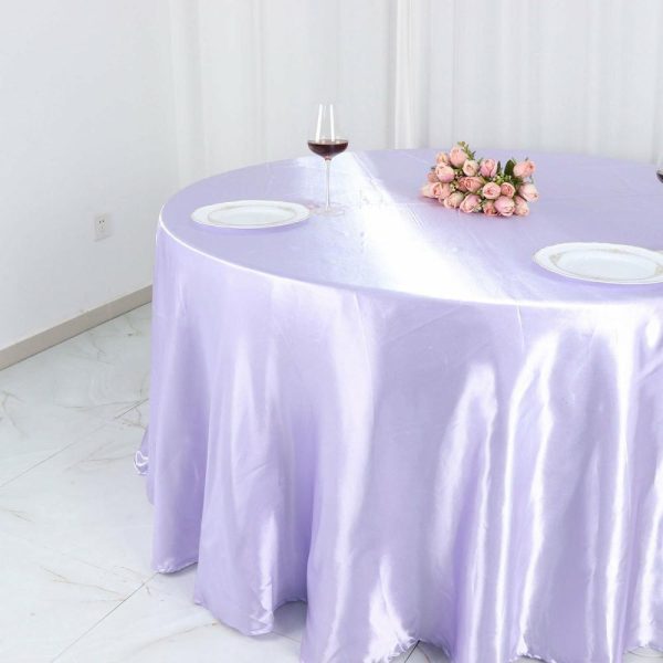 Satin |  120″ Lavender Lilac Seamless Satin Round Tablecloth for 5 Foot Table With Floor-Length Drop