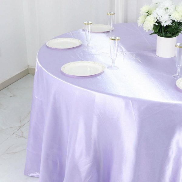 Satin |  120″ Lavender Lilac Seamless Satin Round Tablecloth for 5 Foot Table With Floor-Length Drop