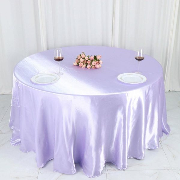 Satin |  120″ Lavender Lilac Seamless Satin Round Tablecloth for 5 Foot Table With Floor-Length Drop