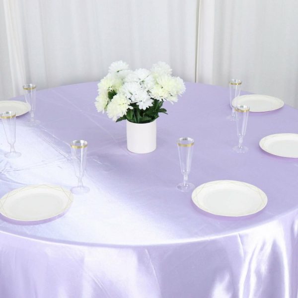 Satin |  120″ Lavender Lilac Seamless Satin Round Tablecloth for 5 Foot Table With Floor-Length Drop