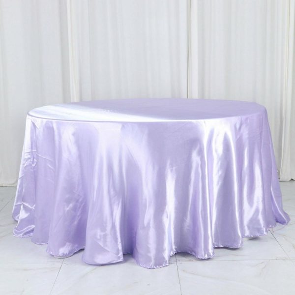 Satin |  120″ Lavender Lilac Seamless Satin Round Tablecloth for 5 Foot Table With Floor-Length Drop