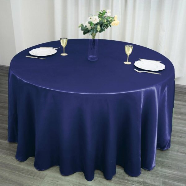 Satin |  120″ Navy Blue Seamless Satin Round Tablecloth for 5 Foot Table With Floor-Length Drop