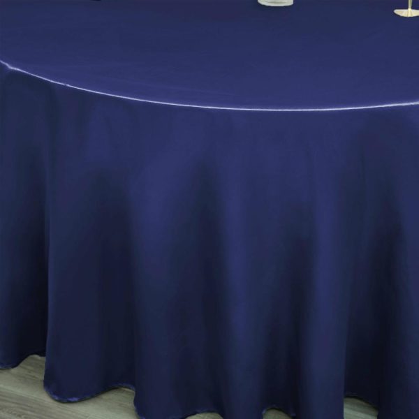 Satin |  120″ Navy Blue Seamless Satin Round Tablecloth for 5 Foot Table With Floor-Length Drop