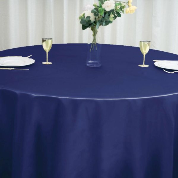 Satin |  120″ Navy Blue Seamless Satin Round Tablecloth for 5 Foot Table With Floor-Length Drop