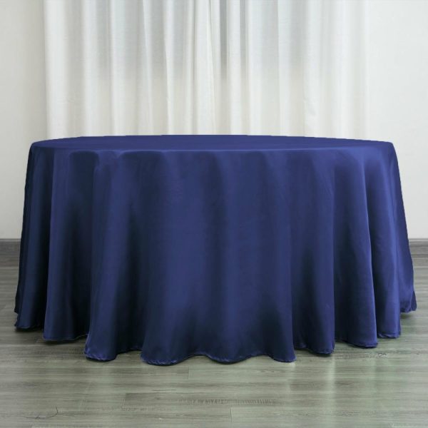 Satin |  120″ Navy Blue Seamless Satin Round Tablecloth for 5 Foot Table With Floor-Length Drop