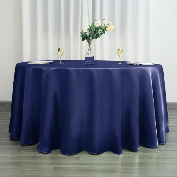 Satin |  120″ Navy Blue Seamless Satin Round Tablecloth for 5 Foot Table With Floor-Length Drop