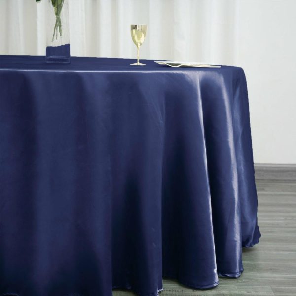 Satin |  120″ Navy Blue Seamless Satin Round Tablecloth for 5 Foot Table With Floor-Length Drop