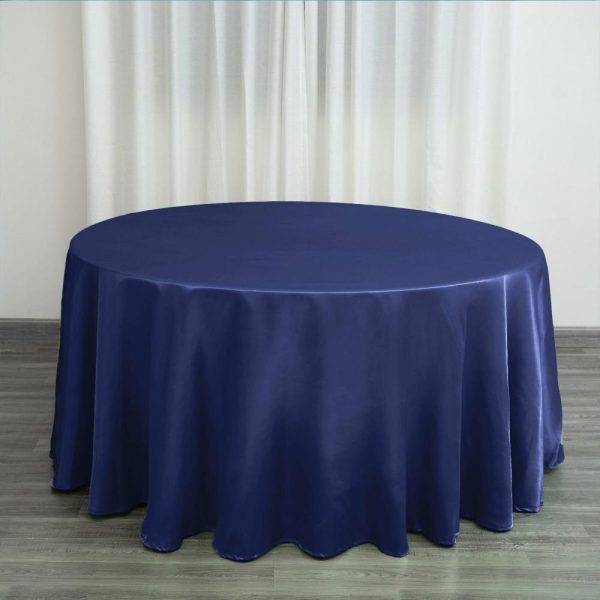 Satin |  120″ Navy Blue Seamless Satin Round Tablecloth for 5 Foot Table With Floor-Length Drop