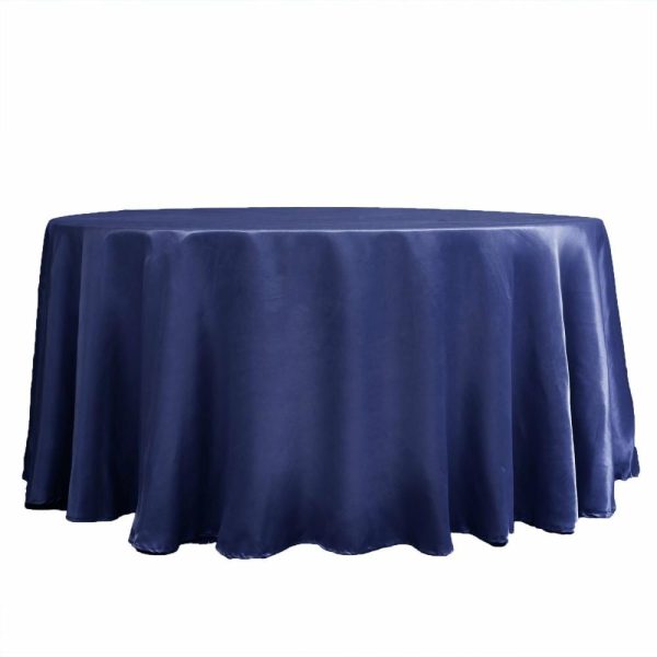 Satin |  120″ Navy Blue Seamless Satin Round Tablecloth for 5 Foot Table With Floor-Length Drop