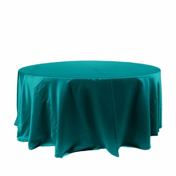 Satin |  120″ Peacock Teal Seamless Satin Round Tablecloth for 5 Foot Table With Floor-Length Drop