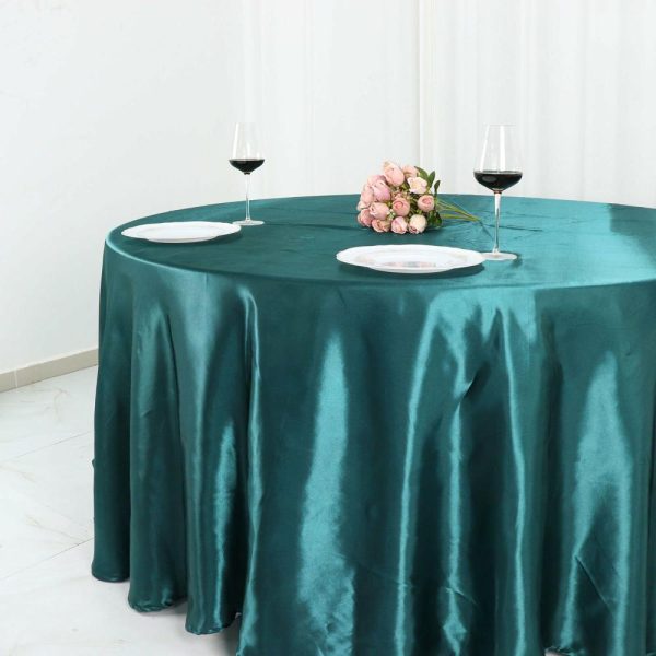 Satin |  120″ Peacock Teal Seamless Satin Round Tablecloth for 5 Foot Table With Floor-Length Drop