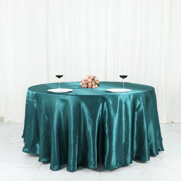 Satin |  120″ Peacock Teal Seamless Satin Round Tablecloth for 5 Foot Table With Floor-Length Drop