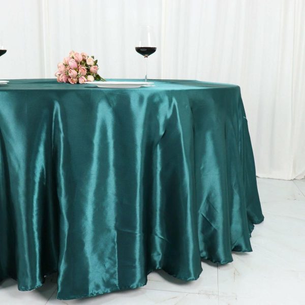 Satin |  120″ Peacock Teal Seamless Satin Round Tablecloth for 5 Foot Table With Floor-Length Drop