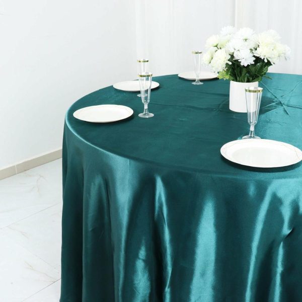 Satin |  120″ Peacock Teal Seamless Satin Round Tablecloth for 5 Foot Table With Floor-Length Drop