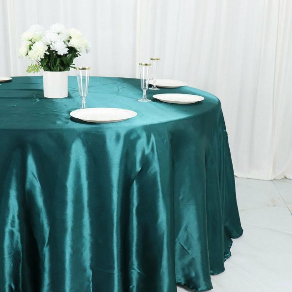 Satin |  120″ Peacock Teal Seamless Satin Round Tablecloth for 5 Foot Table With Floor-Length Drop