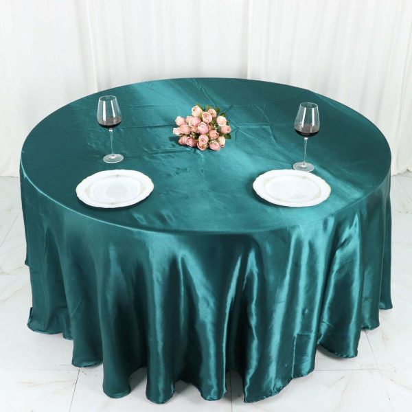 Satin |  120″ Peacock Teal Seamless Satin Round Tablecloth for 5 Foot Table With Floor-Length Drop