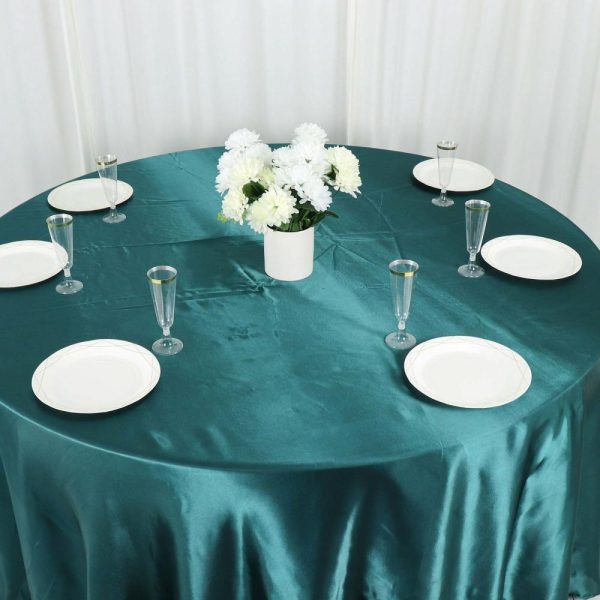 Satin |  120″ Peacock Teal Seamless Satin Round Tablecloth for 5 Foot Table With Floor-Length Drop