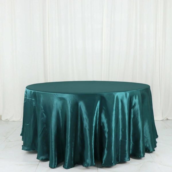 Satin |  120″ Peacock Teal Seamless Satin Round Tablecloth for 5 Foot Table With Floor-Length Drop