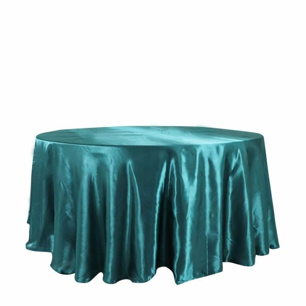 Satin |  120″ Peacock Teal Seamless Satin Round Tablecloth for 5 Foot Table With Floor-Length Drop