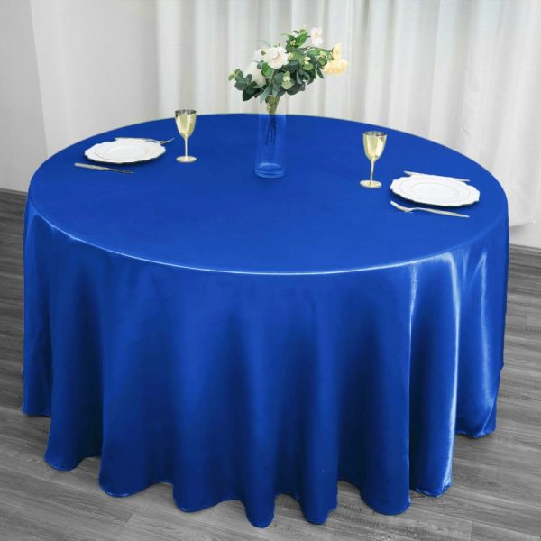 Satin |  120″ Royal Blue Seamless Satin Round Tablecloth for 5 Foot Table With Floor-Length Drop