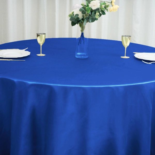 Satin |  120″ Royal Blue Seamless Satin Round Tablecloth for 5 Foot Table With Floor-Length Drop