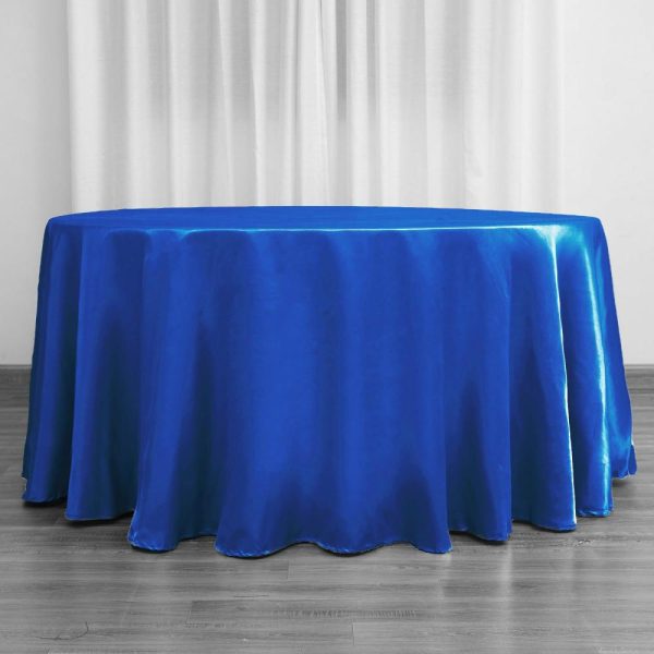 Satin |  120″ Royal Blue Seamless Satin Round Tablecloth for 5 Foot Table With Floor-Length Drop