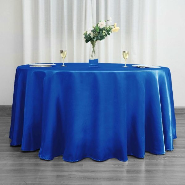 Satin |  120″ Royal Blue Seamless Satin Round Tablecloth for 5 Foot Table With Floor-Length Drop